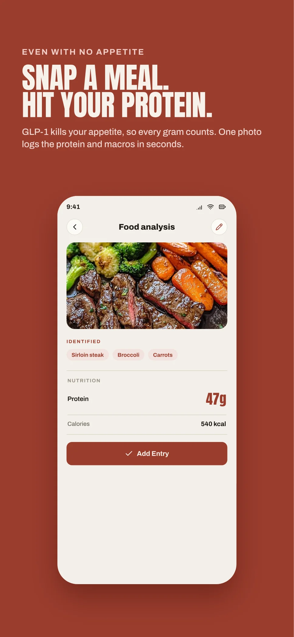App Store screenshot: snap a meal, hit your protein