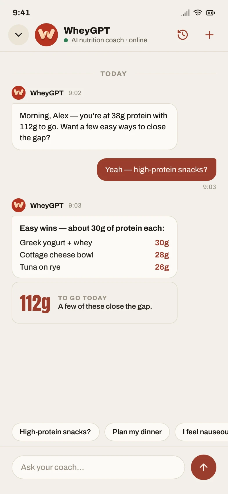 WheyGPT protein coach chat suggesting easy high-protein snack ideas