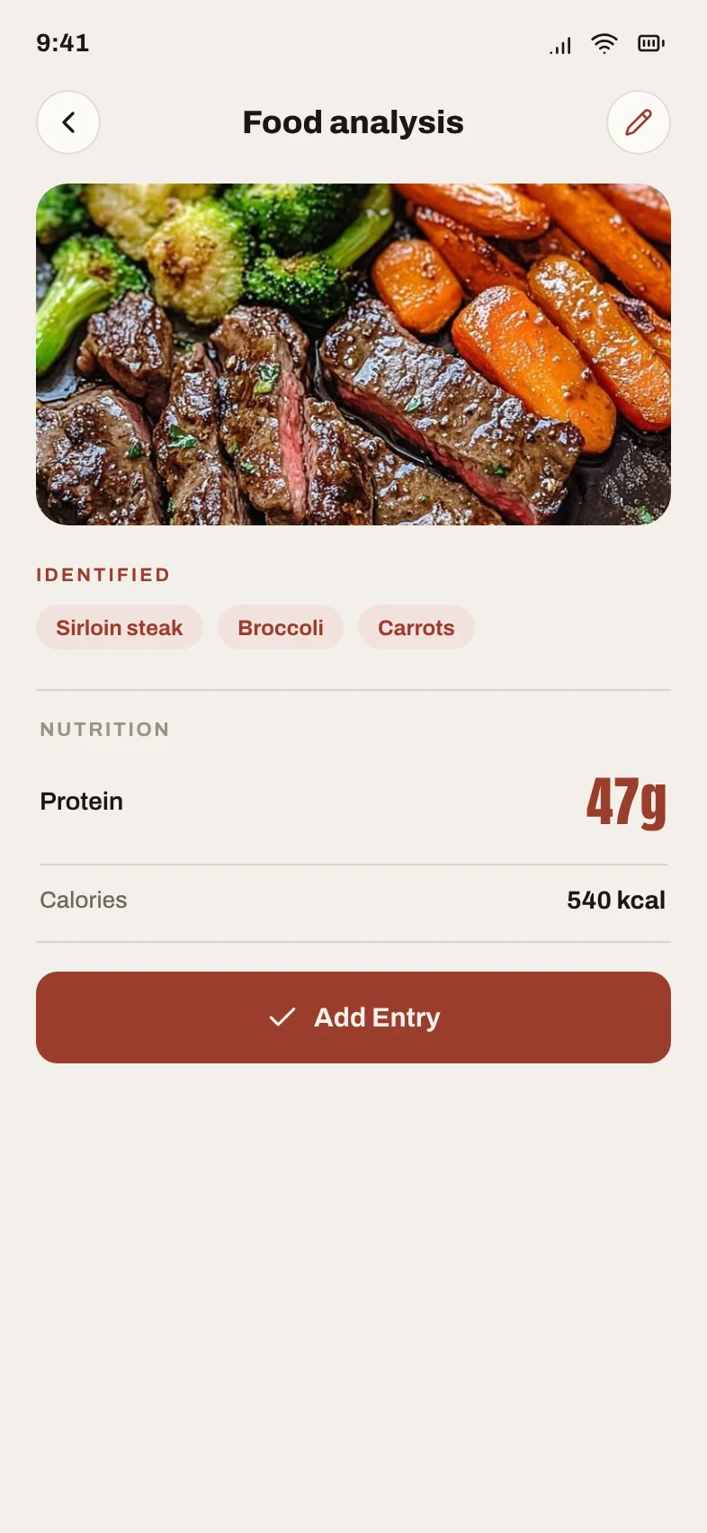 WheyGPT food analysis showing an identified meal with 47 grams of protein