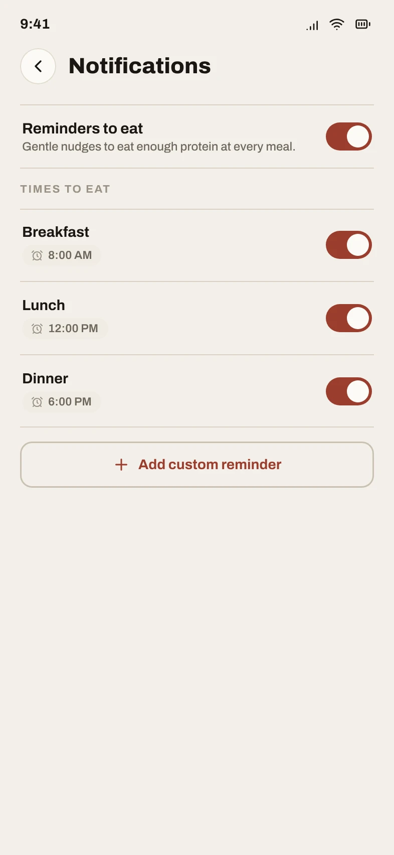 WheyGPT notification settings screen with meal reminders