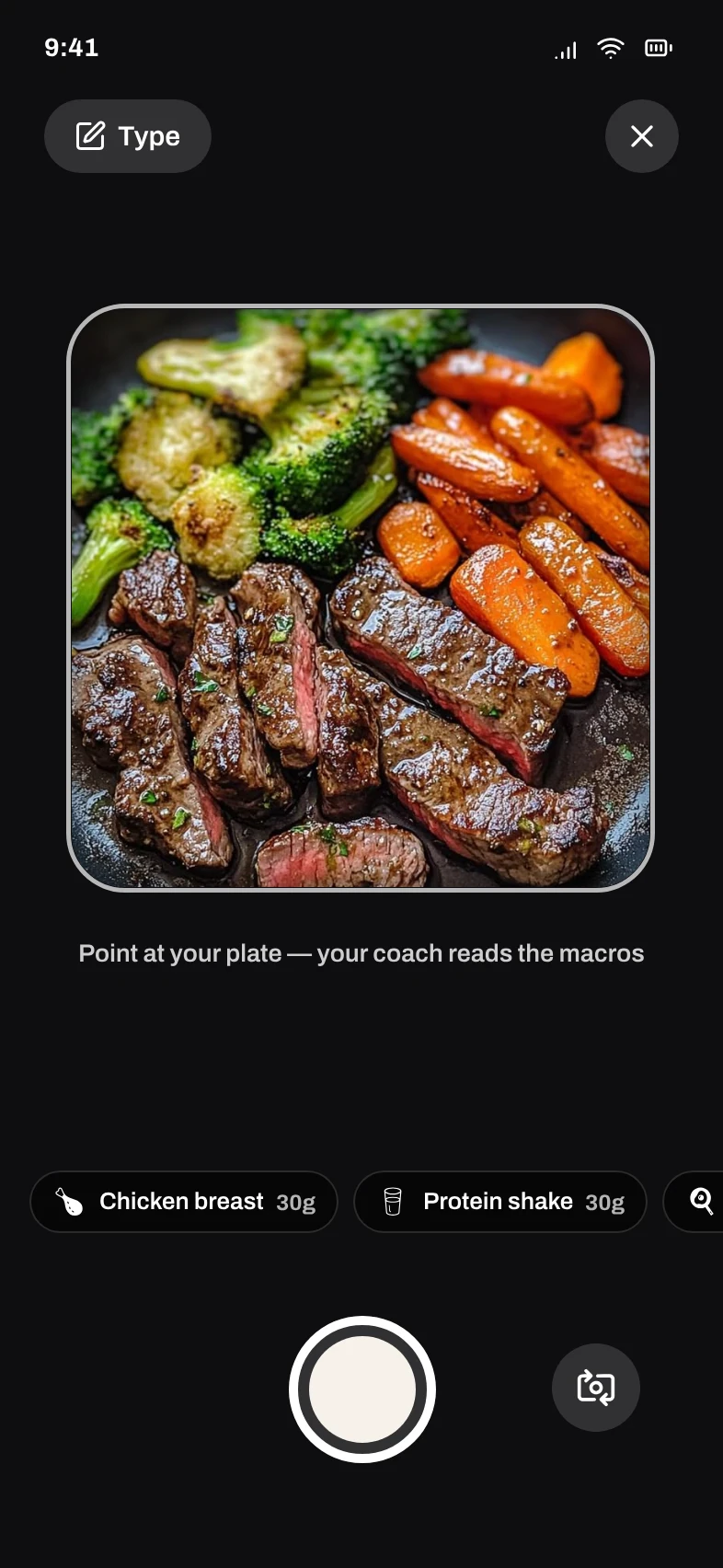 WheyGPT camera scan screen, ready to read your plate