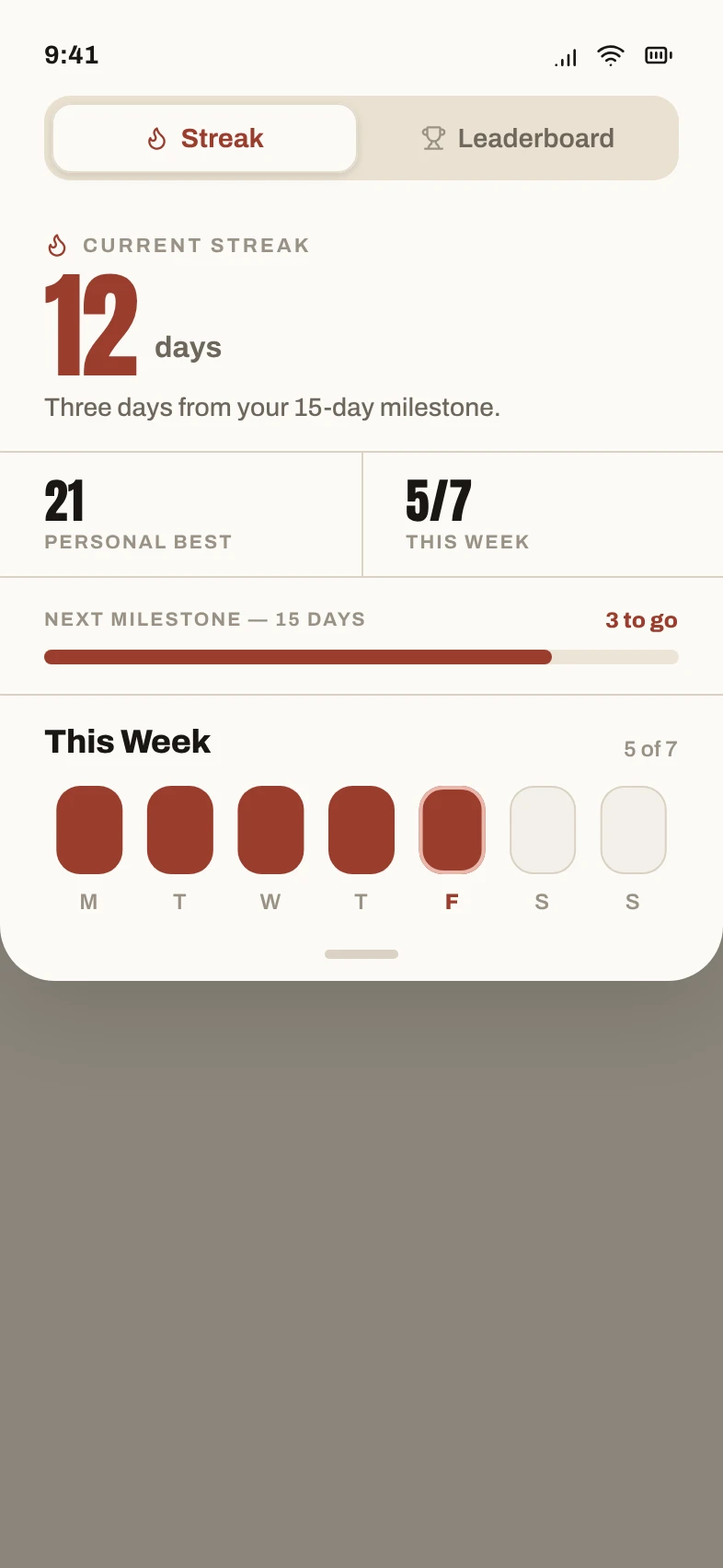 WheyGPT streak drawer showing a 12-day streak and weekly goal squares